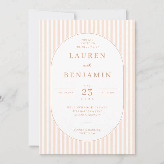 Elegant Peach Striped Wedding Invitation (Front)