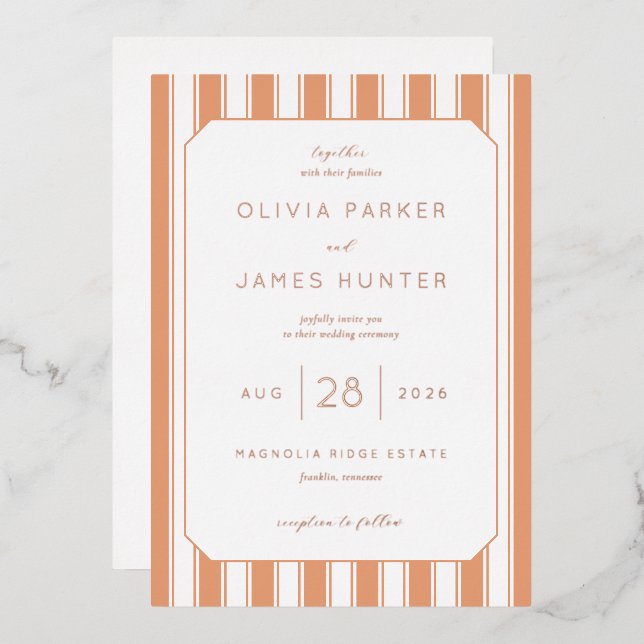 Elegant Peach Striped Wedding Invitation Foil Invitation (Front/Back)