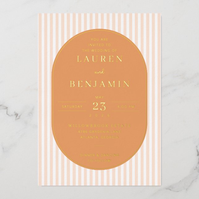 Elegant Peach Striped Wedding Invitation Foil Invitation (Front)