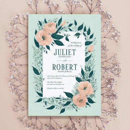 Elegant Peach Teal Floral Leaf Framed Wedding Invitation