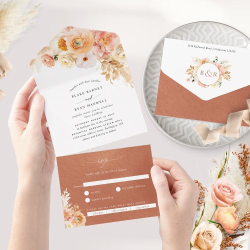 Elegant Peach Terracotta Floral Wedding with RSVP All In One Invitation