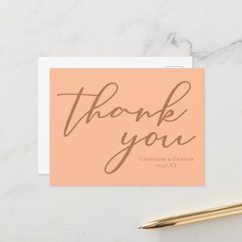 Elegant Peach Typography Summer Wedding Thank You Postcard