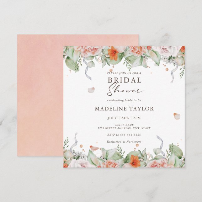 Elegant Peach Watercolor Floral Bridal Shower Invitation (Front/Back)