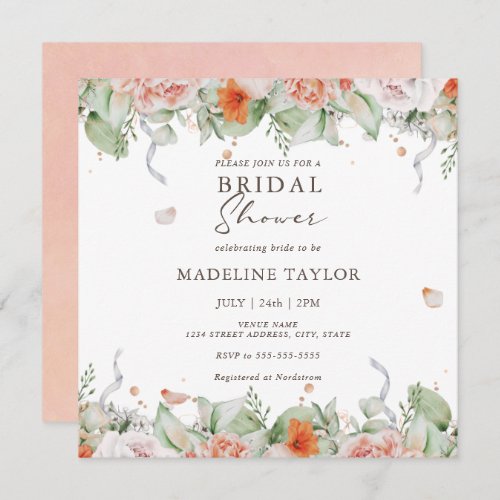 Elegant Peach Watercolor Floral Bridal Shower Invitation