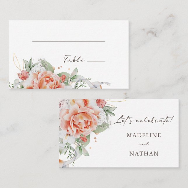Elegant Peach Watercolor Floral Flat Place Cards (Front/Back)