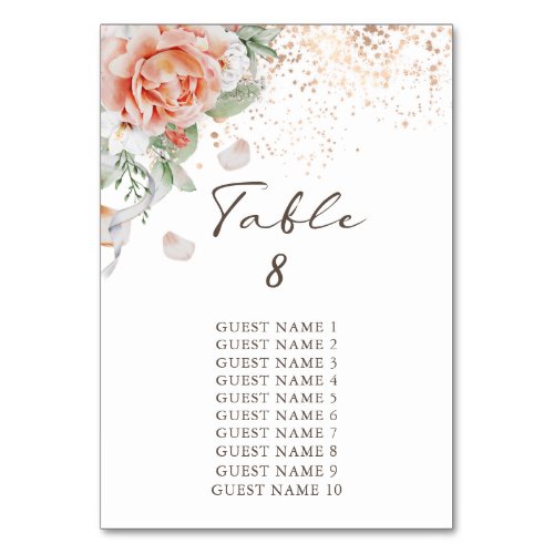 Elegant Peach Watercolor Floral  Guest Names Table Number