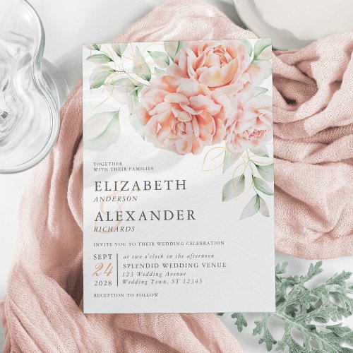 Elegant Peach Watercolor Floral Wedding Invitation
