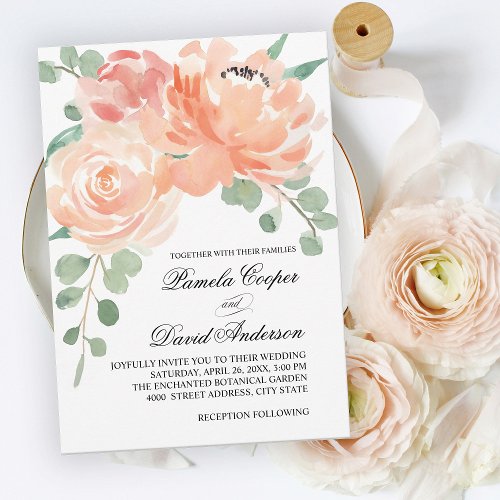 Elegant Peach Watercolor Floral Wedding Invitation