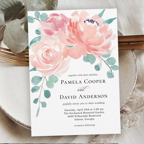 Elegant Peach Watercolor Floral Wedding Invitation