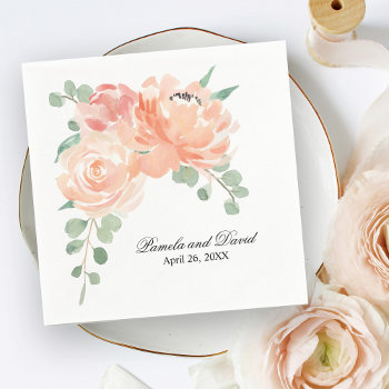 Elegant Peach Watercolor Floral Wedding Napkins by Oasis_Landing at Zazzle