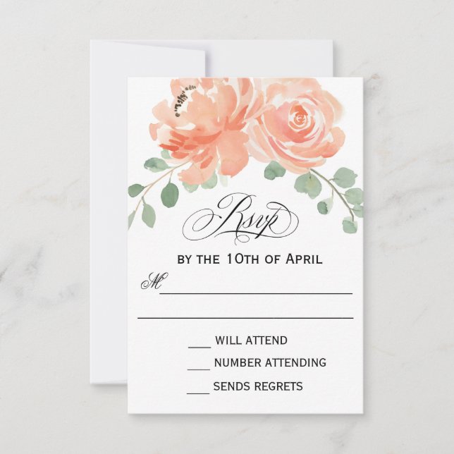 Elegant Peach Watercolor Floral Wedding RSVP Card (Front)