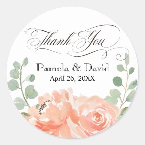 Elegant Peach Watercolor Floral Wedding Thank You Classic Round Sticker