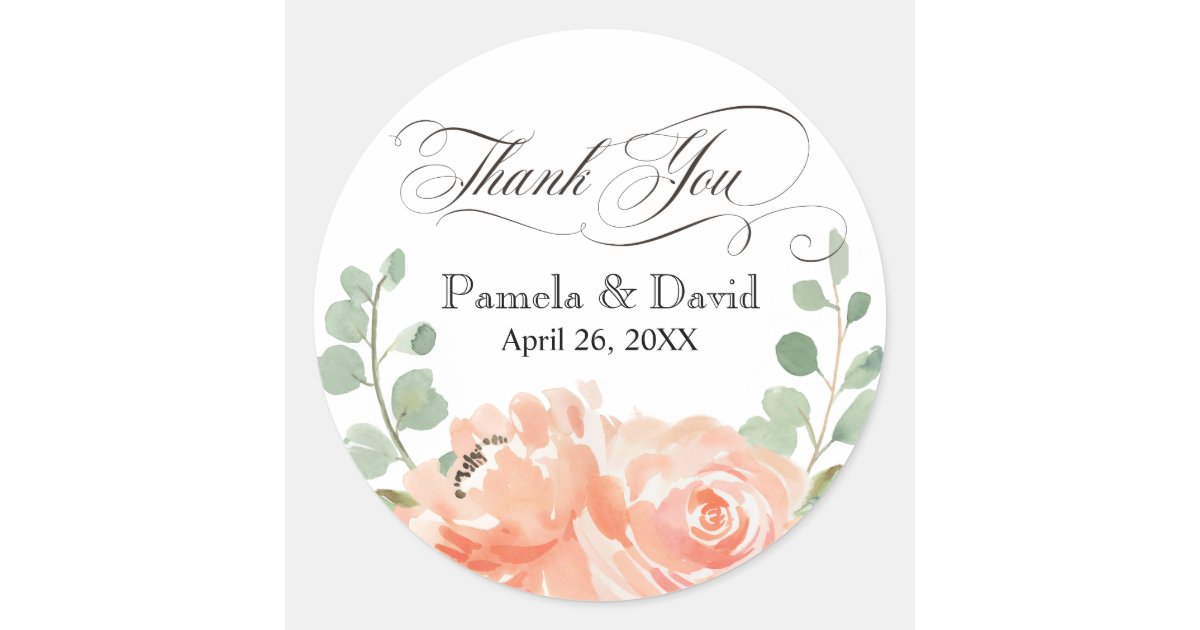 Elegant Peach Watercolor Floral Wedding Thank You Classic Round Sticker ...