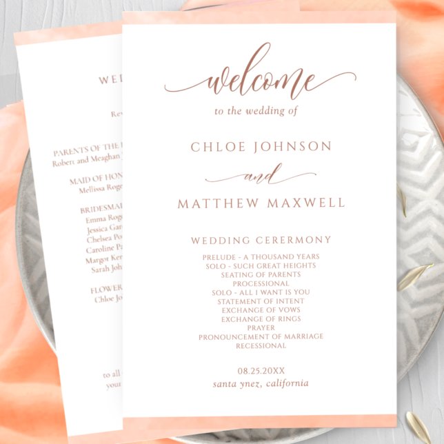 Elegant Peach Watercolor Frame Wedding Program (Creator Uploaded)