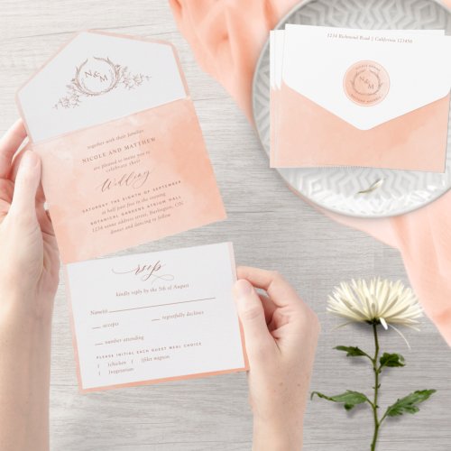 Elegant Peach Watercolor Monogram Wedding All In O All In One Invitation