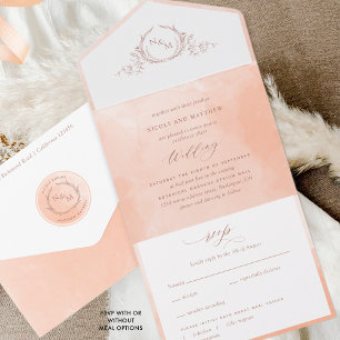 Elegant Peach Watercolor Monogram Wedding All In O All In One Invitation