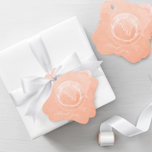 Elegant Peach Watercolor Monogram Wedding Favor Tags