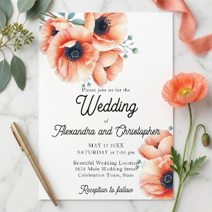 Elegant Peach Watercolor Poppy Floral Wedding Invitation