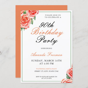 Elegant Peach Watercolor Roses 90th Birthday Invitation