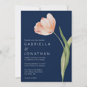 Elegant Peach Watercolor Tulip Navy Blue Wedding Invitation