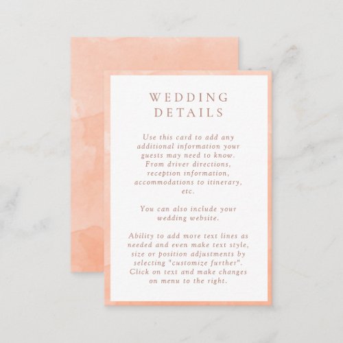 Elegant Peach Watercolor Wedding Details Enclosure Card