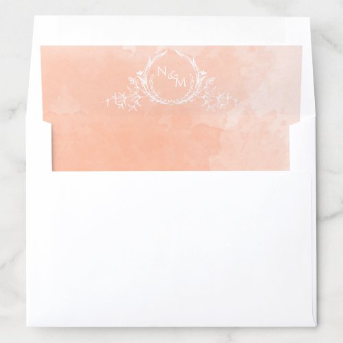 Elegant Peach Watercolor White Monogram Wedding Envelope Liner