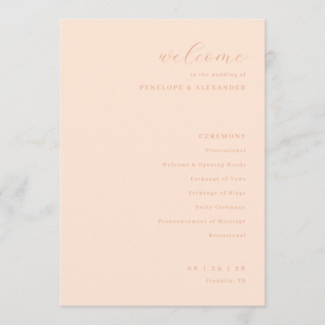 Elegant Peach Wedding Ceremony Program (Front)