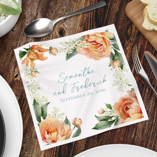 Elegant Peach Wedding Custom Floral Napkins