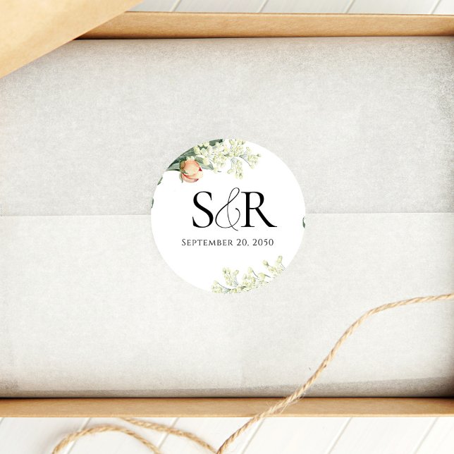 Elegant Peach Wedding Floral Custom Classic Round Sticker (Elegant peach floral wedding monogram sticker. )