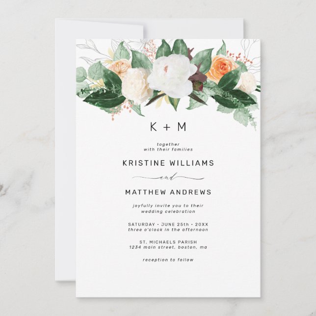 Elegant Peach White Fall Watercolor Floral Wedding Invitation (Front)