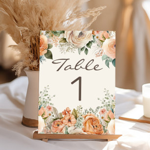 Elegant Peach White Floral Eucalyptus Wedding Table Number