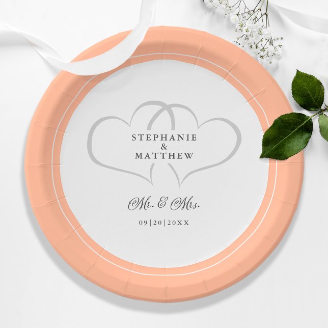 Elegant Peach White Mr & Mrs Wedding  Paper Plates (Elegant Peach Wedding Mr & Mrs Names Date Hearts Paper Plates)