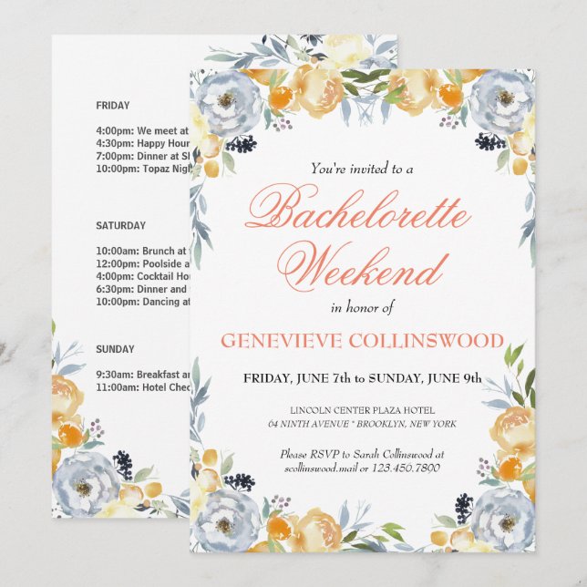Elegant PeachFloral Bachelorette Weekend Itinerary Invitation (Front/Back)
