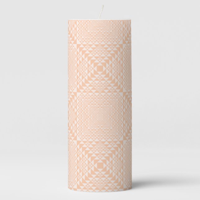 Elegant Peachy Orange Light Pink Geometric Pattern Pillar Candle (Front)