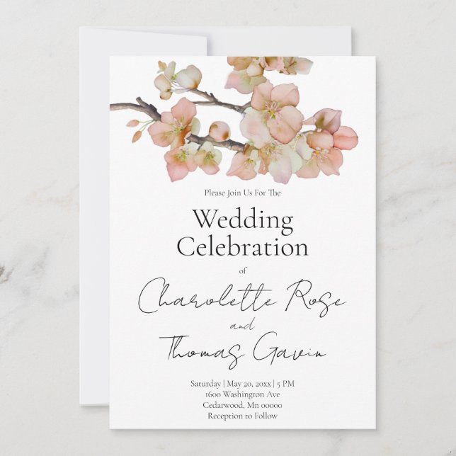 Elegant peachy pink watercolor floral wedding invitation (Front)