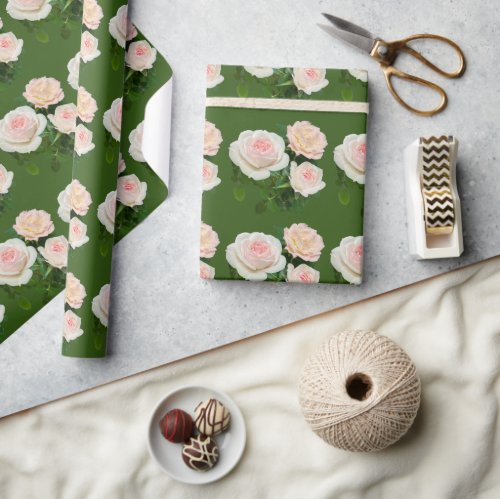 Elegant peachy white pink roses green  wrapping paper