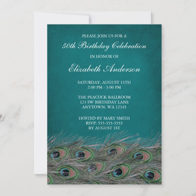 Elegant Peacock 50th Birthday Party Invitations (Front)