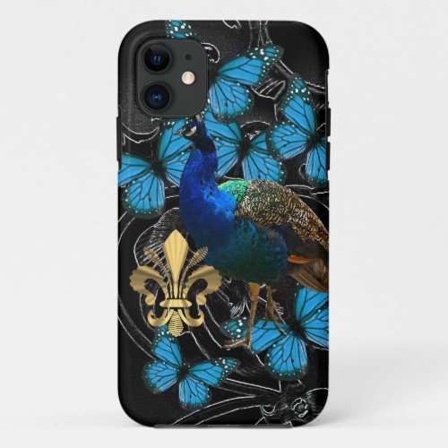 Elegant Peacock and blue butterflies on black iPhone 11 Case