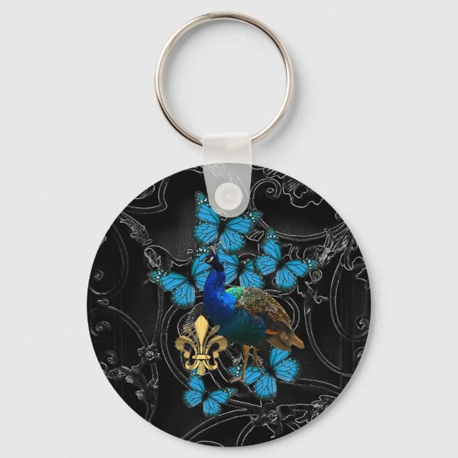Elegant Peacock and blue butterflies on black Keychain (Front)