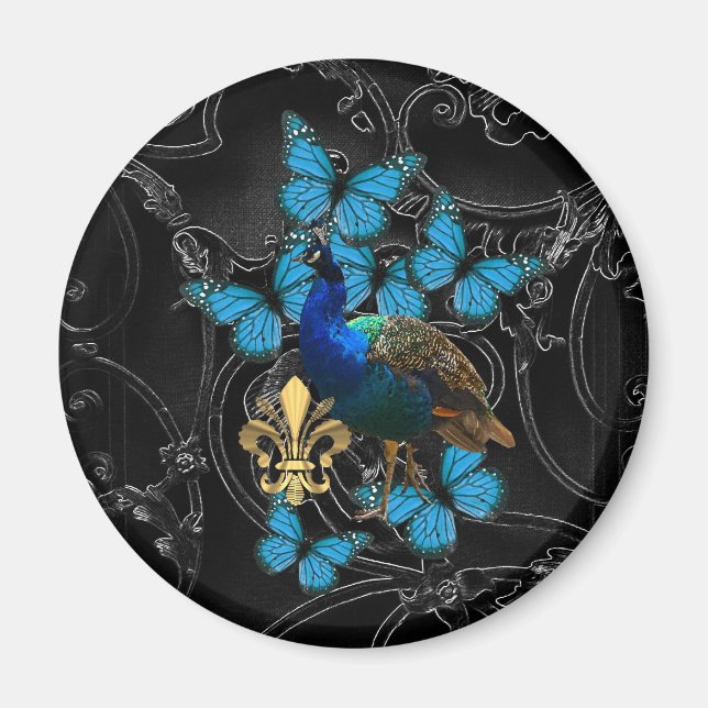 Elegant Peacock and blue butterflies on black Magnet (Front)