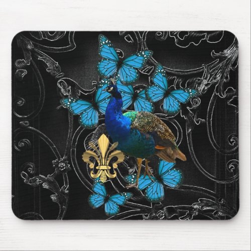 Elegant Peacock and blue butterflies on black Mouse Pad