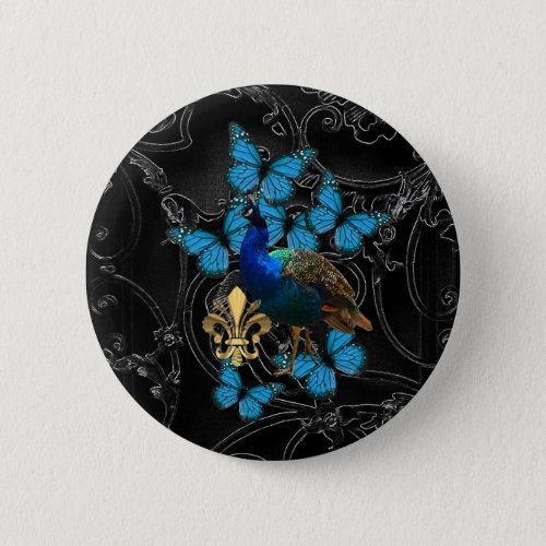 Elegant Peacock and blue butterflies on black Pinback Button
