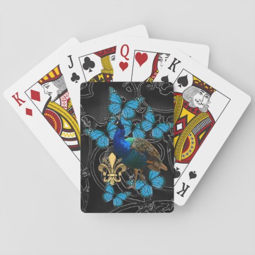 Elegant Peacock and blue butterflies on black Playing Cards