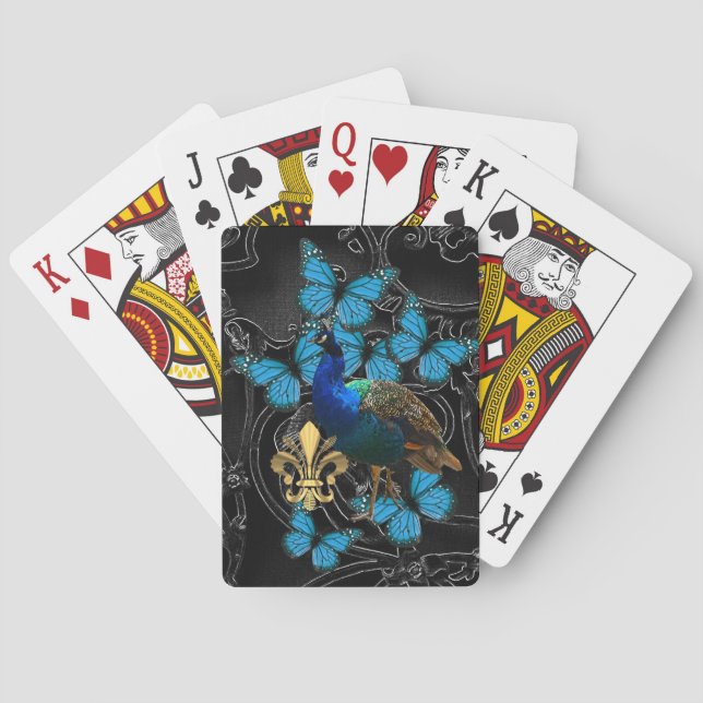 Elegant Peacock and blue butterflies on black Poker Cards (Back)