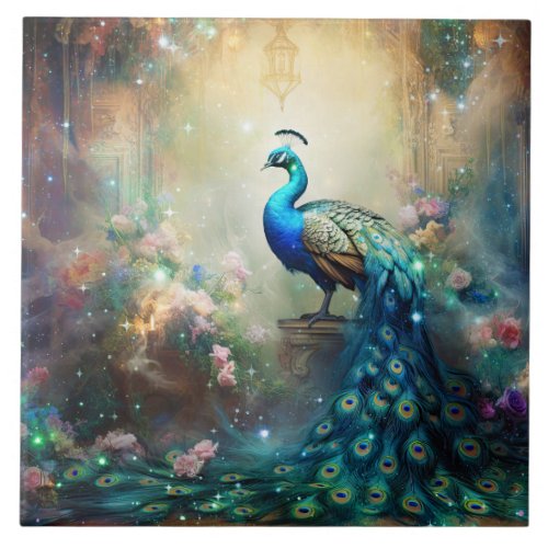 Elegant Peacock and Flowers Ceramic Tile