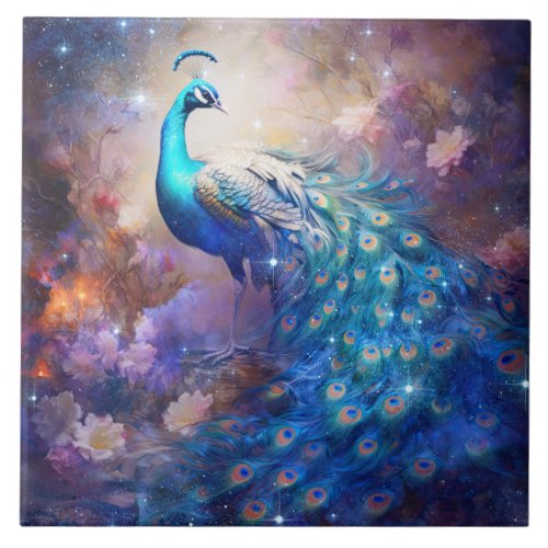 Elegant Peacock and Flowers Ceramic Tile