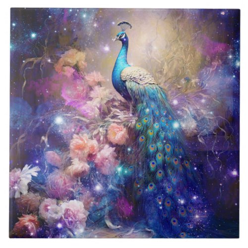 Elegant Peacock and Flowers Ceramic Tile