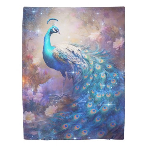 Elegant Peacock and Flowers Duvet Cover