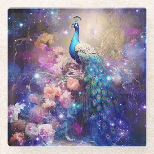Elegant Peacock and Flowers Glass Coaster