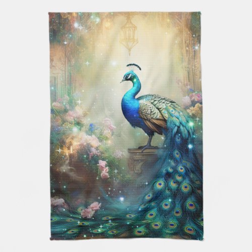 Elegant Peacock and Flowers Kitchen Towel